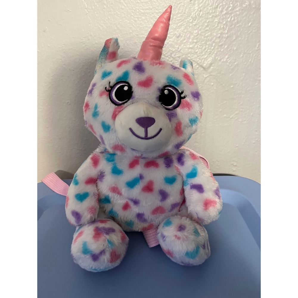 Carried Away Bags Kids Plush Unicorn Backpack White Heart Print‎ Faux Fur Pink